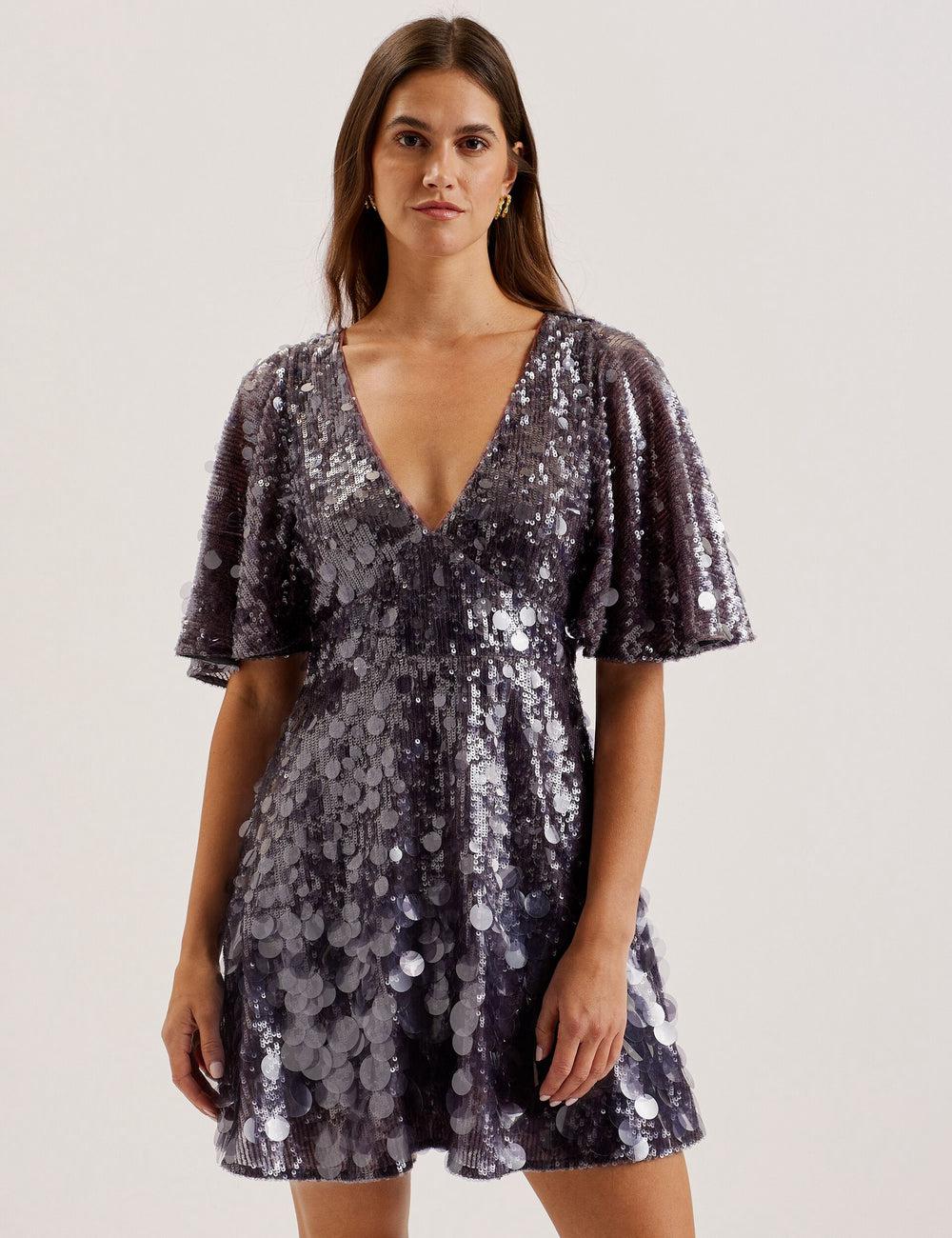 Women Ted Baker ELISONA - Sequin V-Neck Cape Sleeve Mini Dresses Dk-Grey | Egypt  FHBKU-8071