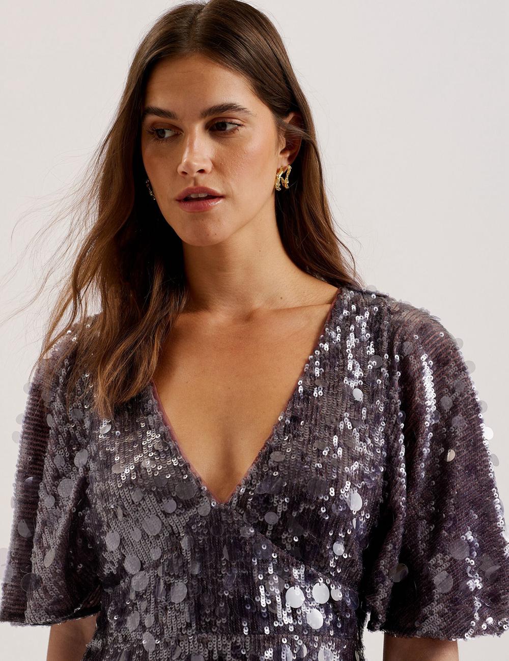 Women Ted Baker ELISONA - Sequin V-Neck Cape Sleeve Mini Dresses Dk-Grey | Egypt  FHBKU-8071