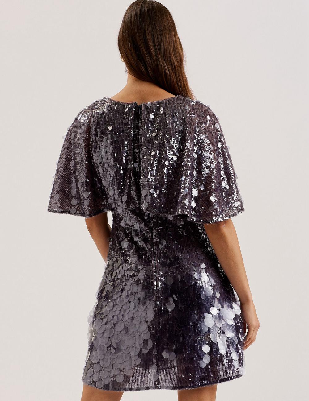 Women Ted Baker ELISONA - Sequin V-Neck Cape Sleeve Mini Dresses Dk-Grey | Egypt  FHBKU-8071