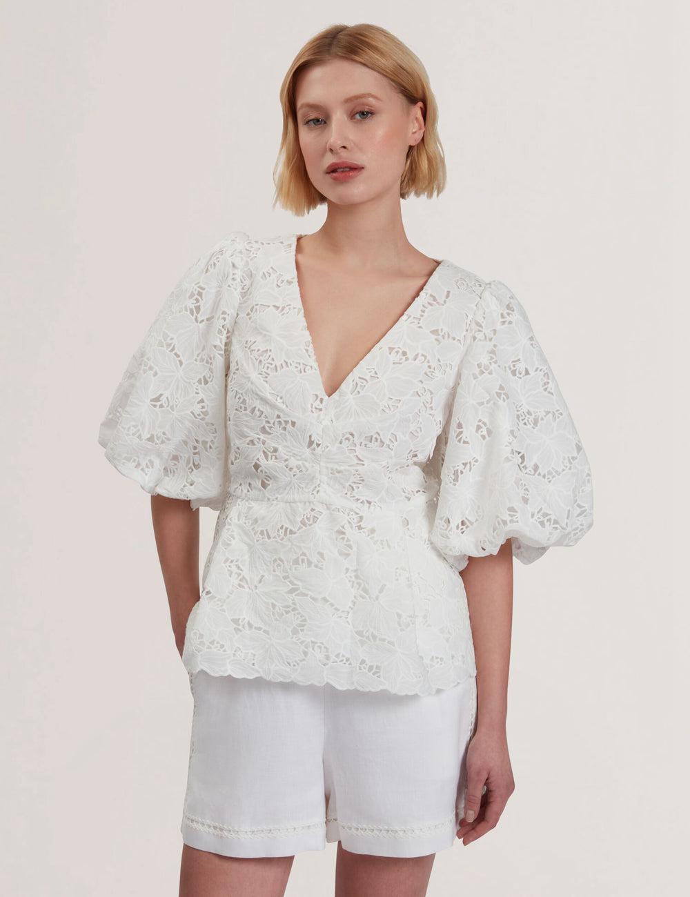 Women Ted Baker ELLARI - Lace Puff Sleeve V-Neck Peplum Tops White | Egypt  RGHNQ-8697
