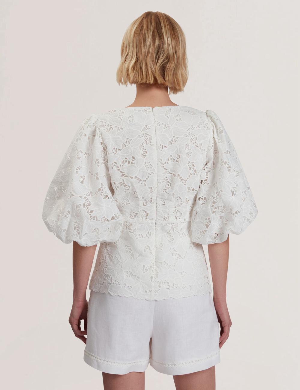 Women Ted Baker ELLARI - Lace Puff Sleeve V-Neck Peplum Tops White | Egypt  RGHNQ-8697