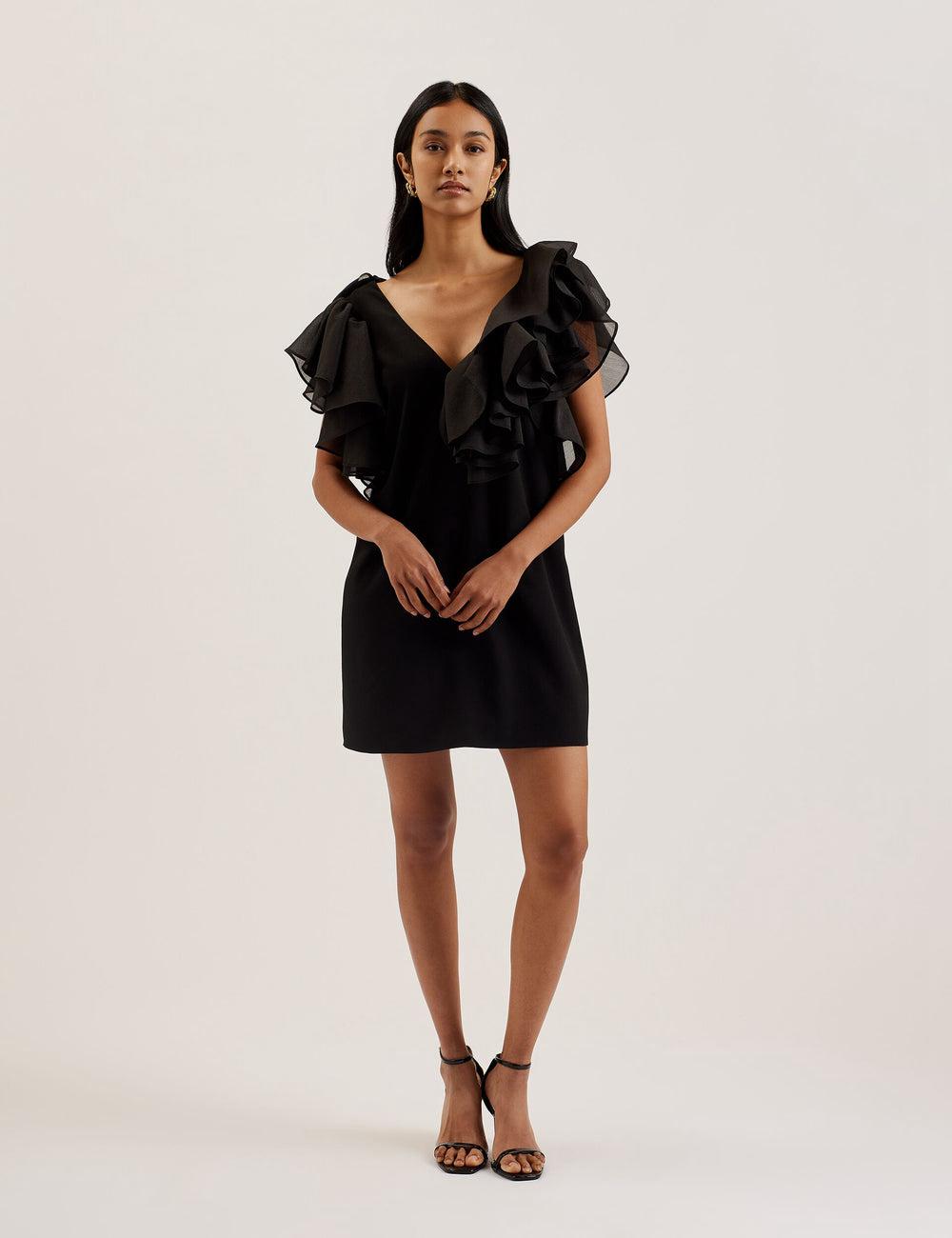 Women Ted Baker ELQUI - Oversized Ruffle Trim V-Neck Mini Dresses Black | Egypt  TRCVY-5934