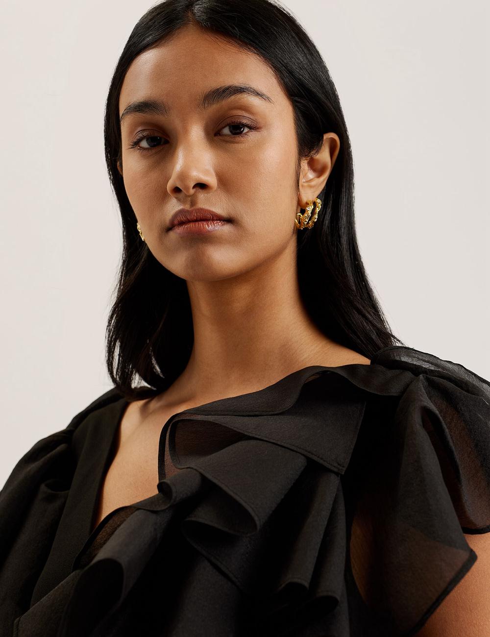 Women Ted Baker ELQUI - Oversized Ruffle Trim V-Neck Mini Dresses Black | Egypt  TRCVY-5934