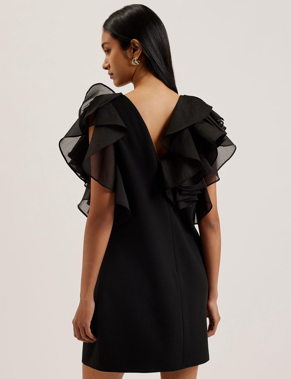 Women Ted Baker ELQUI - Oversized Ruffle Trim V-Neck Mini Dresses Black | Egypt  TRCVY-5934