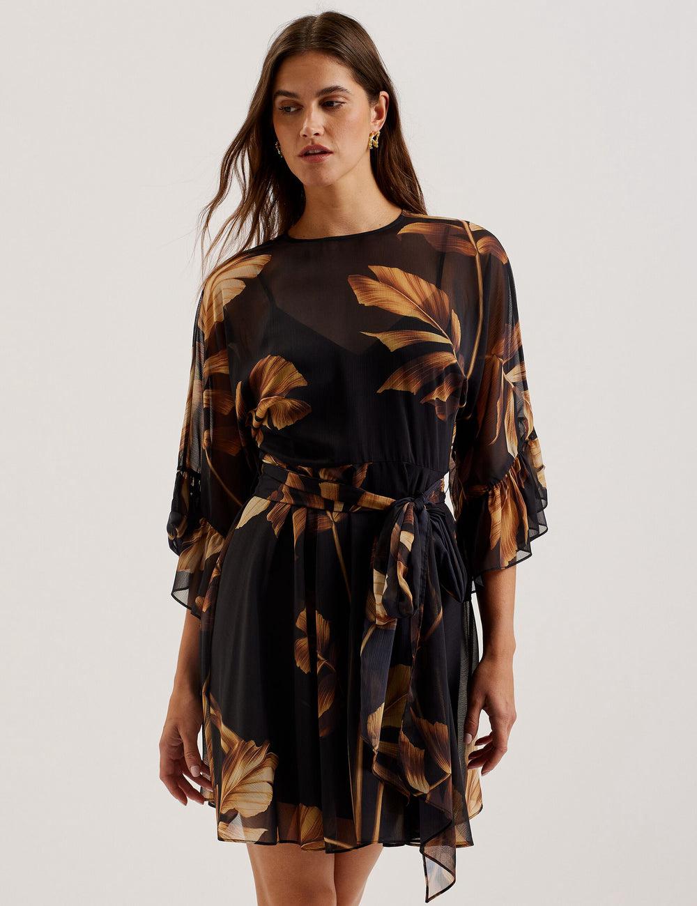 Women Ted Baker ELSTER - Printed Chiffon With Waist Mini Dresses Black | Egypt  LAPWE-0456