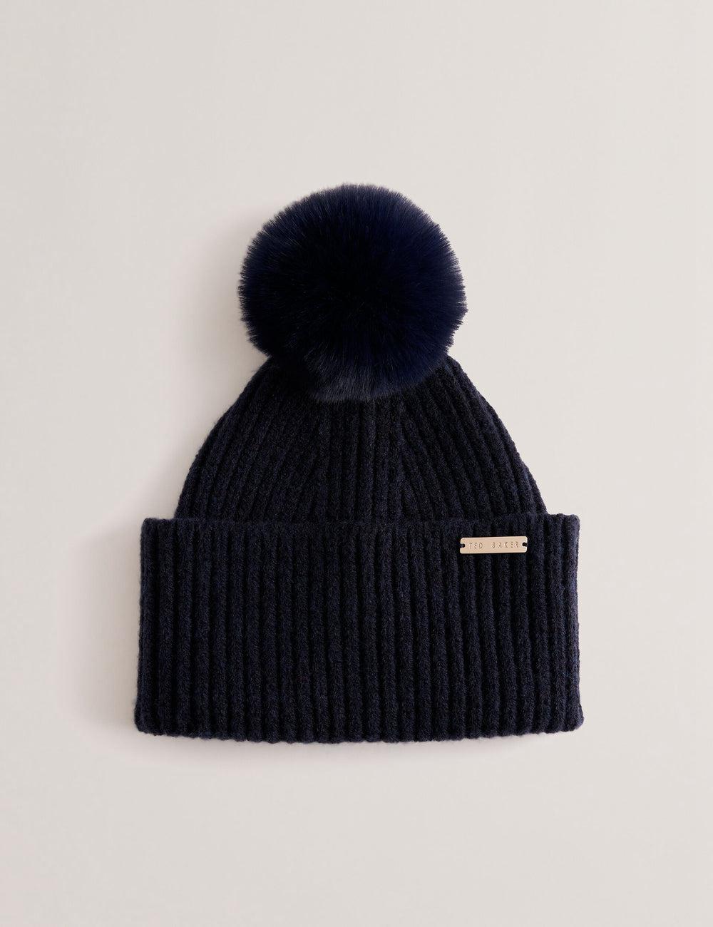 Women Ted Baker EMILYYA - Ribbed Knit Fluffy Bobble Hats Navy | Egypt  JNAZK-6541