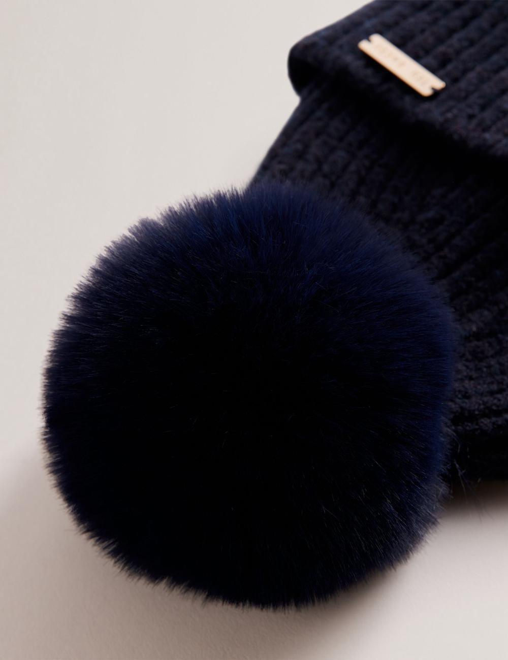 Women Ted Baker EMILYYA - Ribbed Knit Fluffy Bobble Hats Navy | Egypt  JNAZK-6541