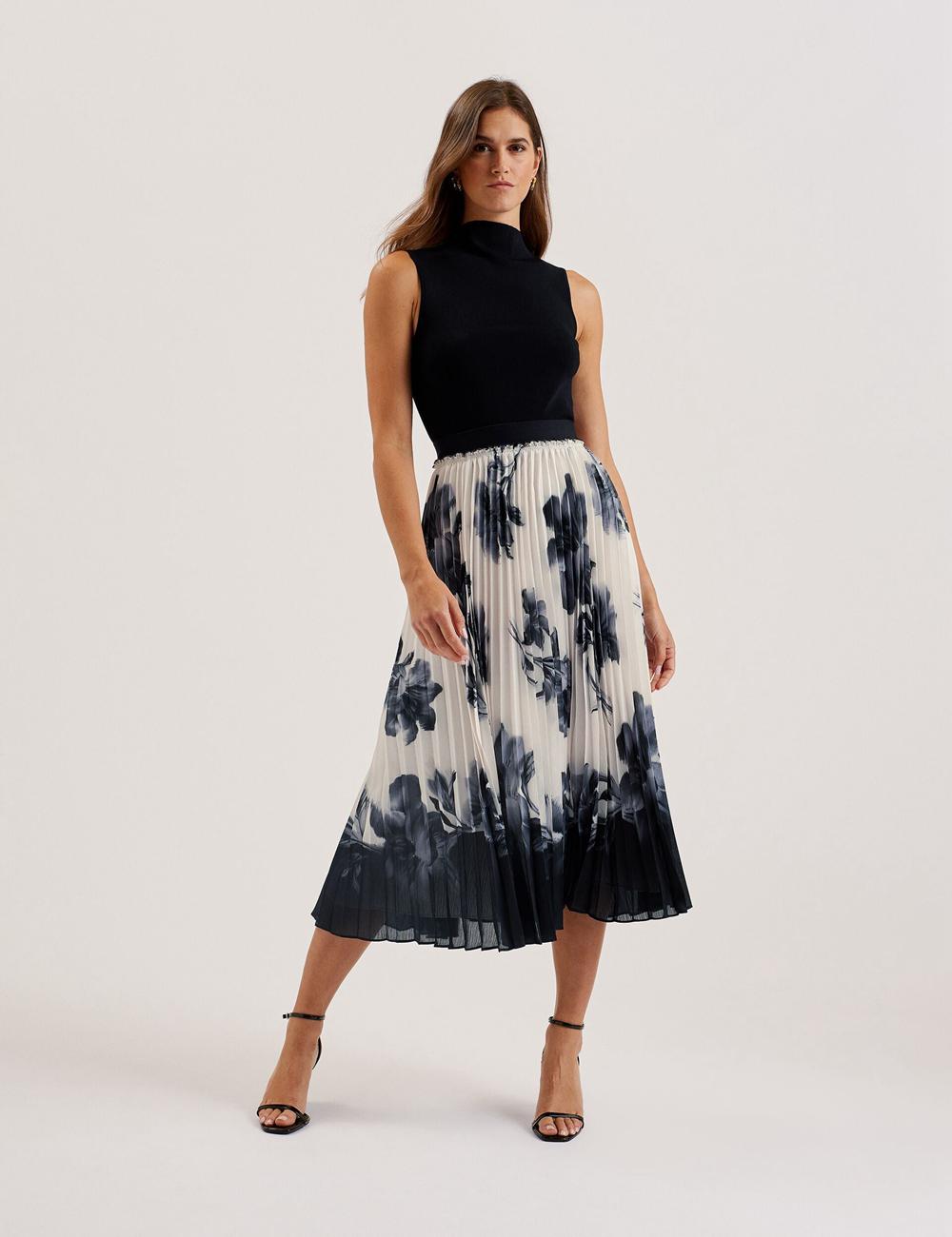 Women Ted Baker EMISTA - Monochrome Print Pleated Midi Skirts Ivory | Egypt  DILYR-6704