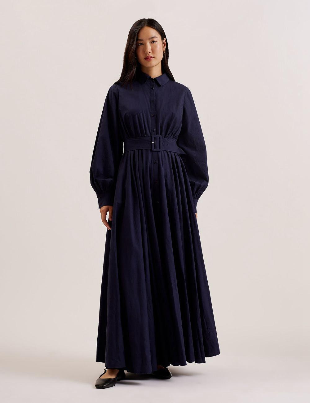 Women Ted Baker ENE - Cotton Maxi Shirt Dress With Belt Maxi Dresses Navy | Egypt  XEMJA-3750