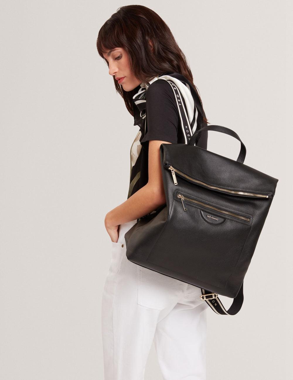 Women Ted Baker ESSAYA - Leather Webbing Strap Fold Over Backpacks Black | Egypt  FPMDI-0497