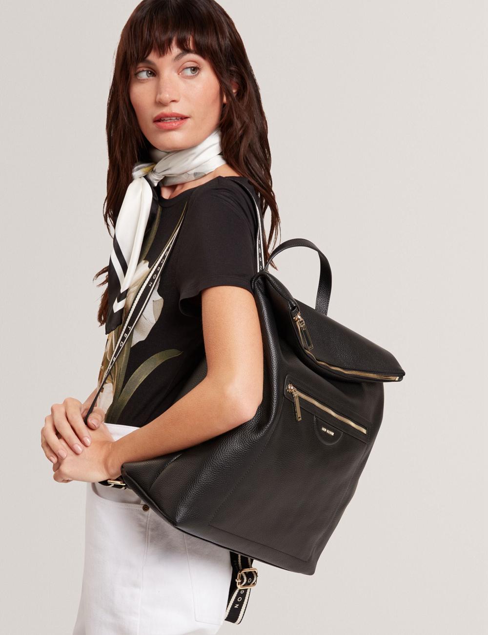 Women Ted Baker ESSAYA - Leather Webbing Strap Fold Over Backpacks Black | Egypt  FPMDI-0497