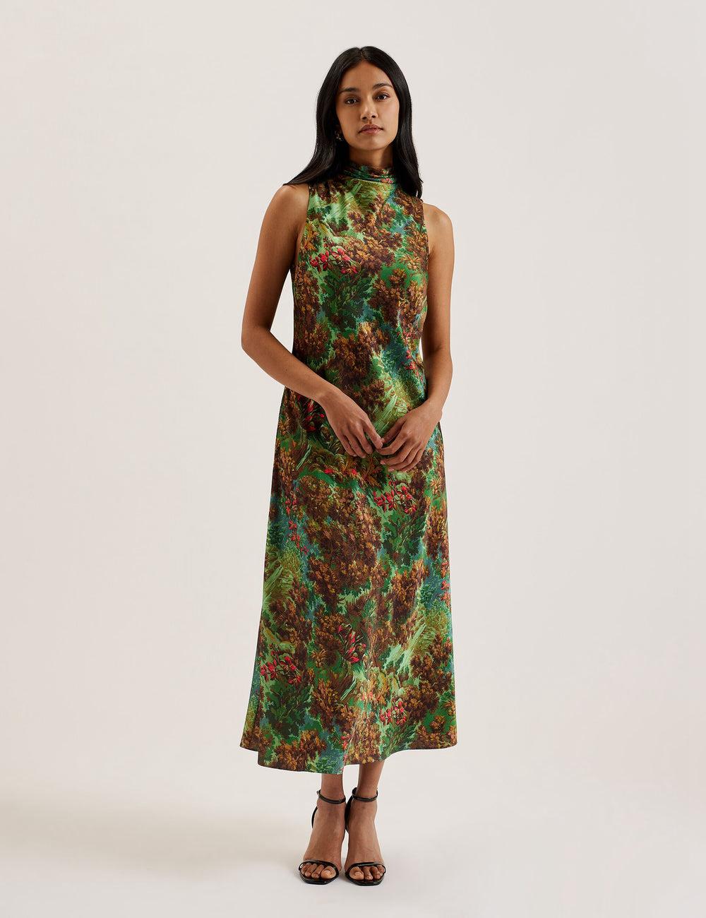 Women Ted Baker EYVA - Satin Printed High Neck Midi Slip Midi Dresses Green | Egypt  EVBTC-1682