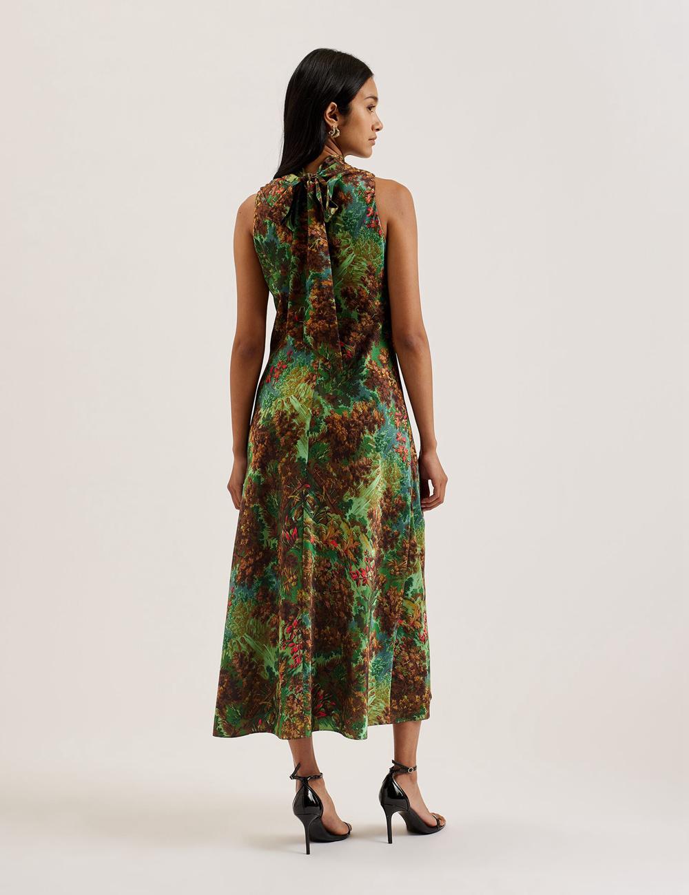 Women Ted Baker EYVA - Satin Printed High Neck Midi Slip Midi Dresses Green | Egypt  EVBTC-1682