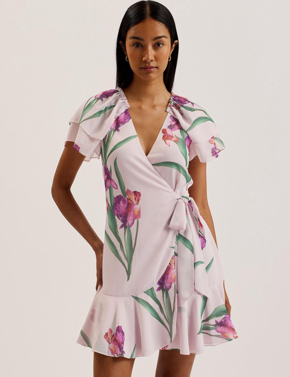Women Ted Baker FASNIA - Floral Angel Sleeve Wrap Mini Dresses Pink | Egypt  LZKXB-2671