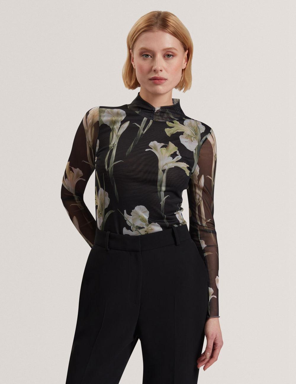Women Ted Baker FIAAHH - Floral Print High Neck Sheer Mesh Tops Black | Egypt  NACRU-3547