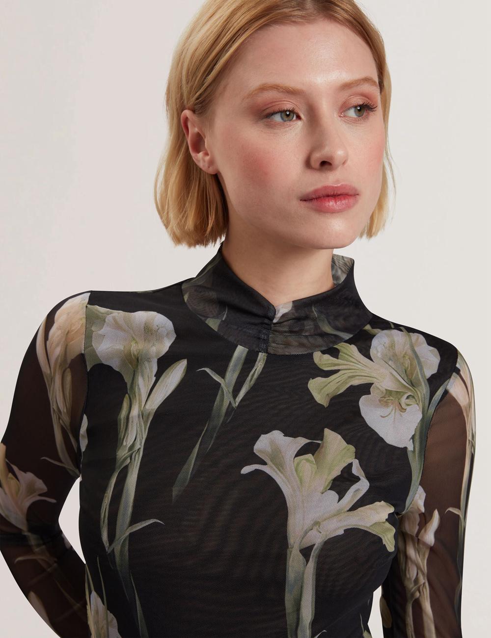 Women Ted Baker FIAAHH - Floral Print High Neck Sheer Mesh Tops Black | Egypt  NACRU-3547