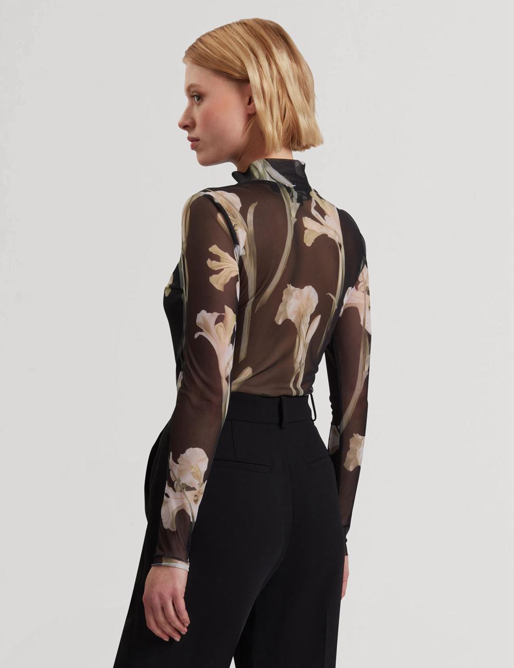 Women Ted Baker FIAAHH - Floral Print High Neck Sheer Mesh Tops Black | Egypt  NACRU-3547