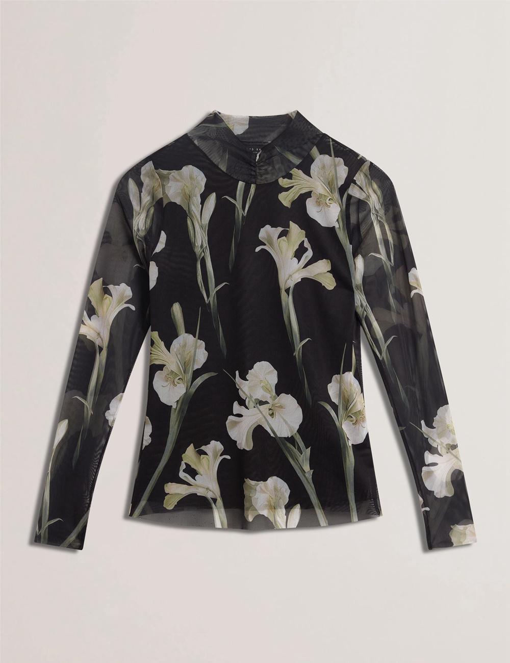 Women Ted Baker FIAAHH - Floral Print High Neck Sheer Mesh Tops Black | Egypt  NACRU-3547
