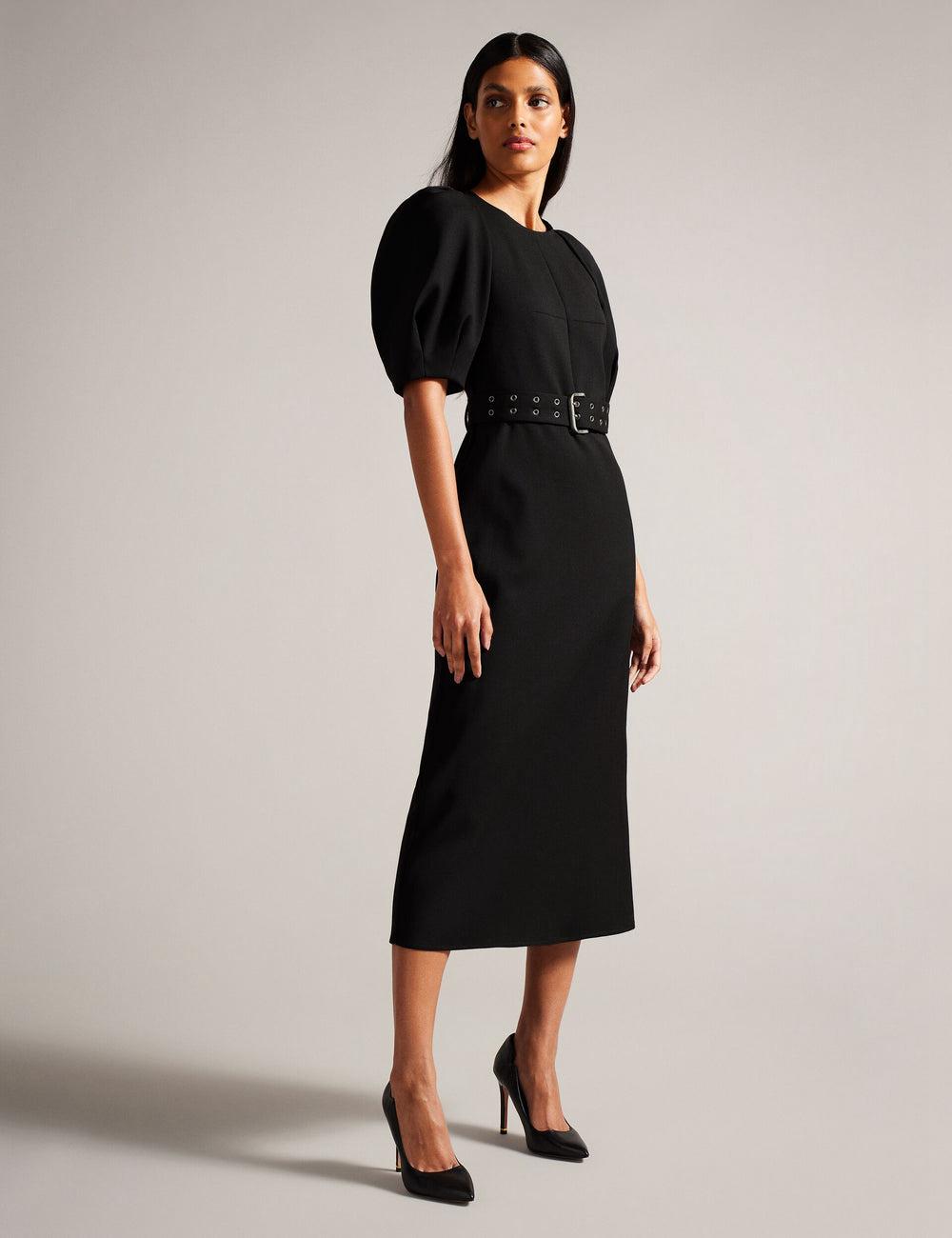 Women Ted Baker GABYELA - Structured Puff Sleeve With Belt Midi Dresses Black | Egypt  DCPAS-6831