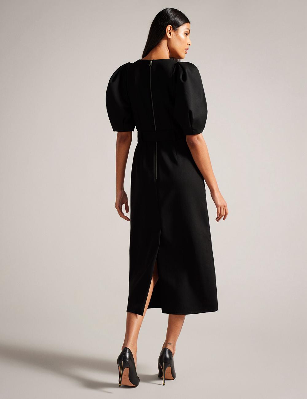 Women Ted Baker GABYELA - Structured Puff Sleeve With Belt Midi Dresses Black | Egypt  DCPAS-6831