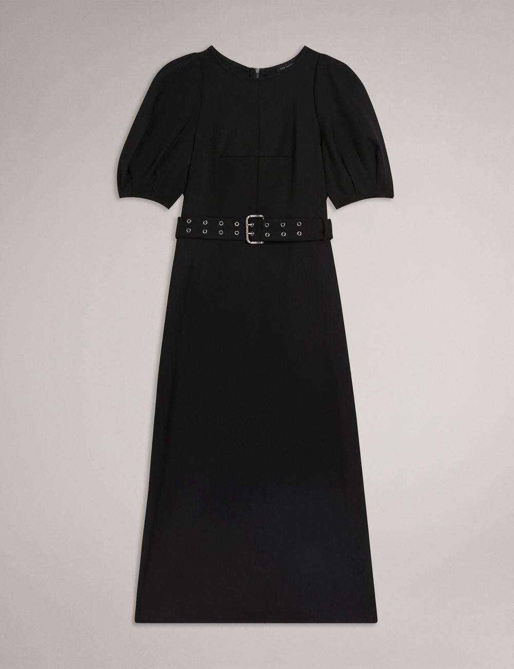 Women Ted Baker GABYELA - Structured Puff Sleeve With Belt Midi Dresses Black | Egypt  DCPAS-6831