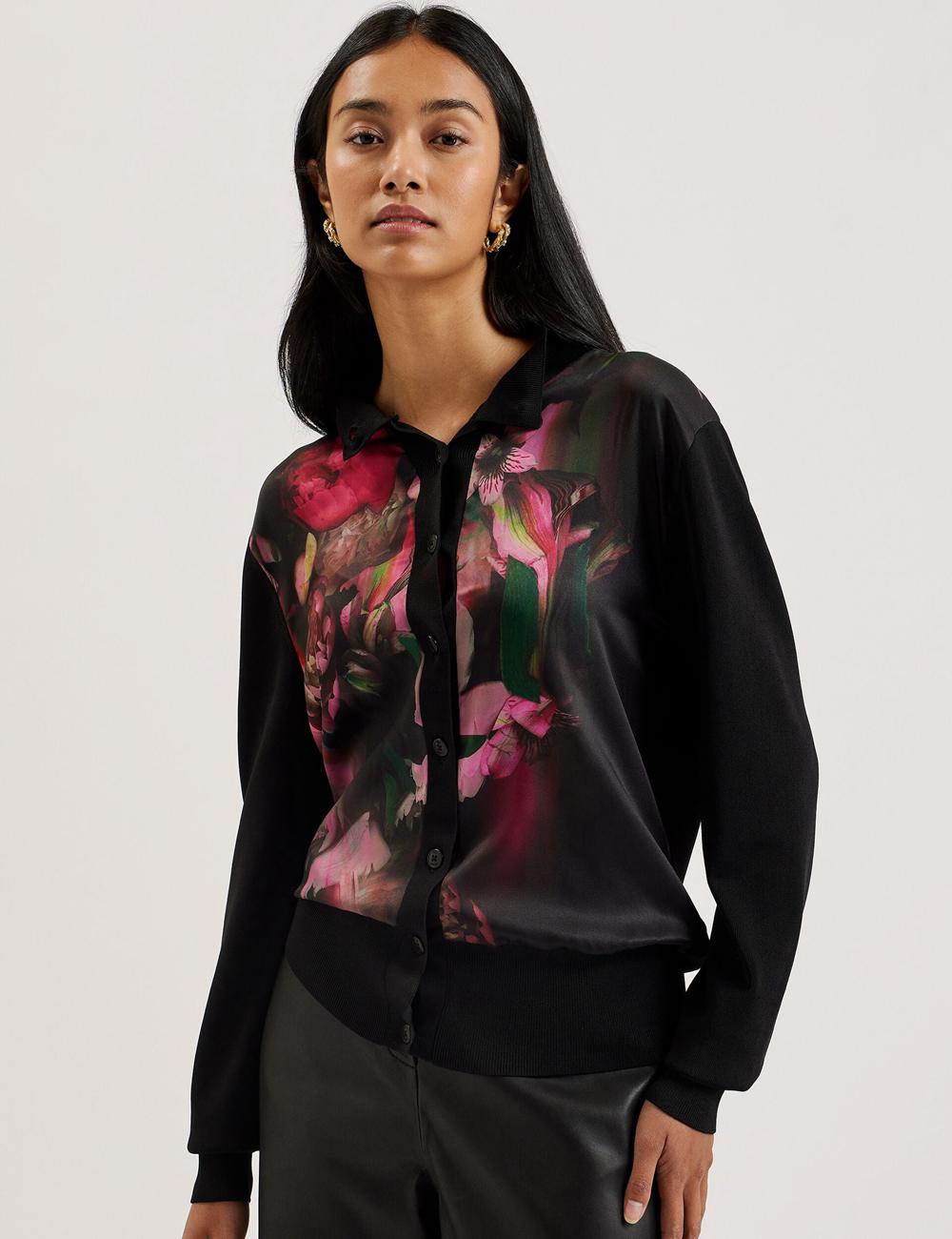 Women Ted Baker GEMHAA - Printed Panel Long Sleeve Cardigans Black | Egypt  TGJUI-6450