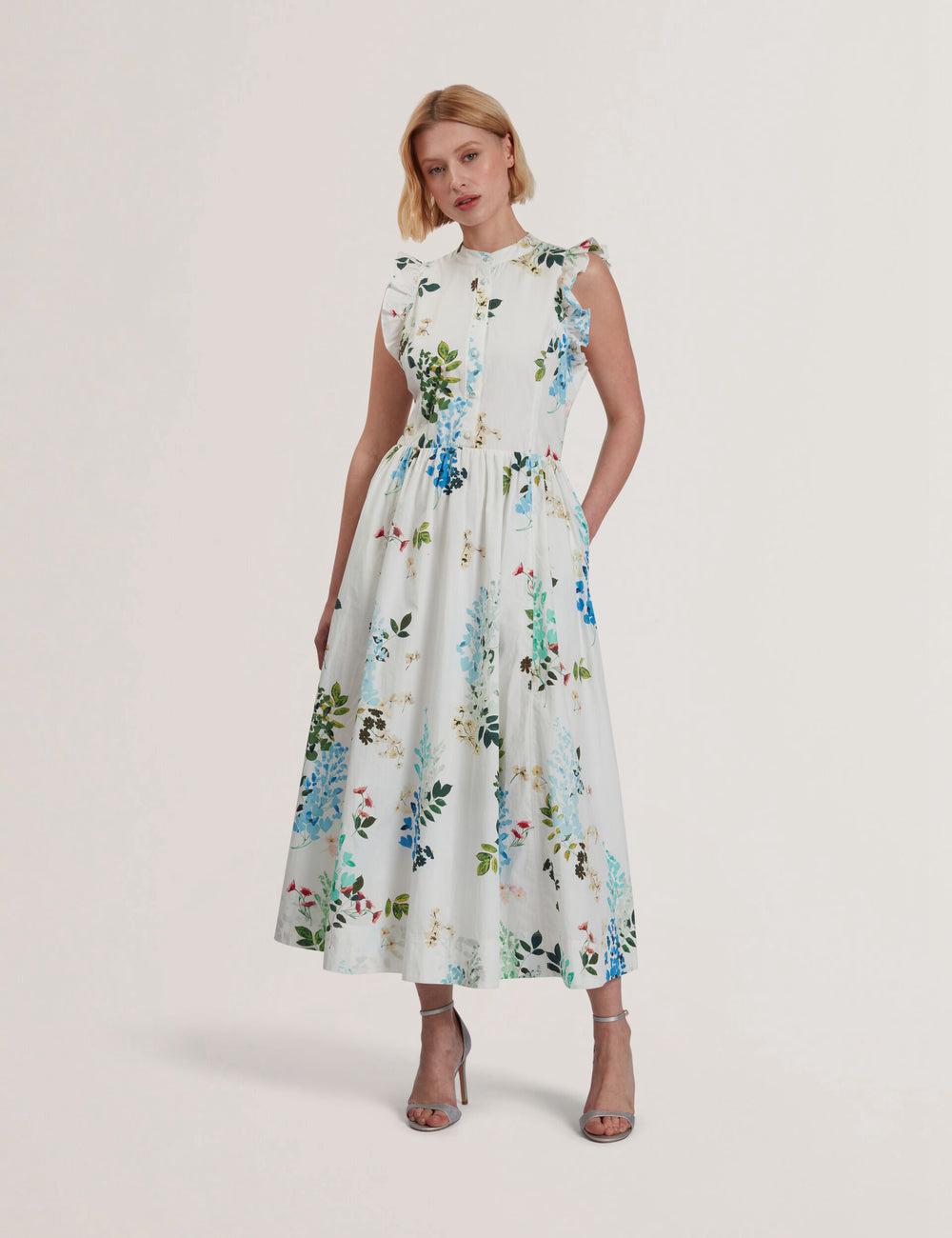 Women Ted Baker GIOLIA - Sleeveless Floral Cotton A-Line Midi Dresses White | Egypt  QJXUI-5716