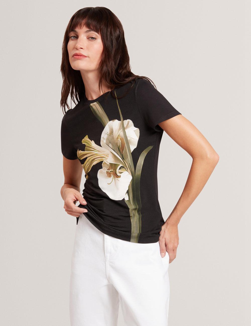 Women Ted Baker GORGAA - Floral Graphic Fitted Short Sleeve T-Shirts Black | Egypt  ADHSZ-7340