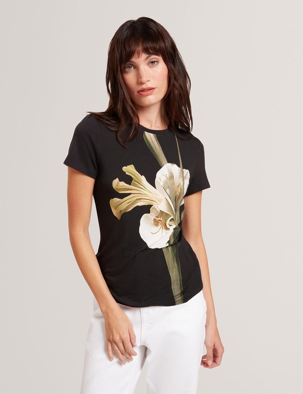Women Ted Baker GORGAA - Floral Graphic Fitted Short Sleeve T-Shirts Black | Egypt  ADHSZ-7340