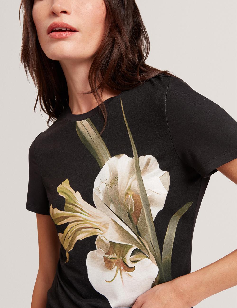 Women Ted Baker GORGAA - Floral Graphic Fitted Short Sleeve T-Shirts Black | Egypt  ADHSZ-7340