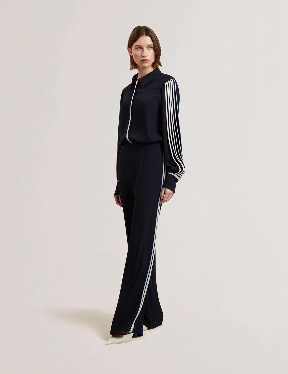 Women Ted Baker GORJJA - Piping Detail Wide Leg Crepe Trousers Navy | Egypt  OQGKB-0372