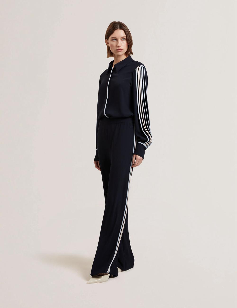 Women Ted Baker GORJJA - Piping Detail Wide Leg Crepe Trousers Navy | Egypt  OQGKB-0372