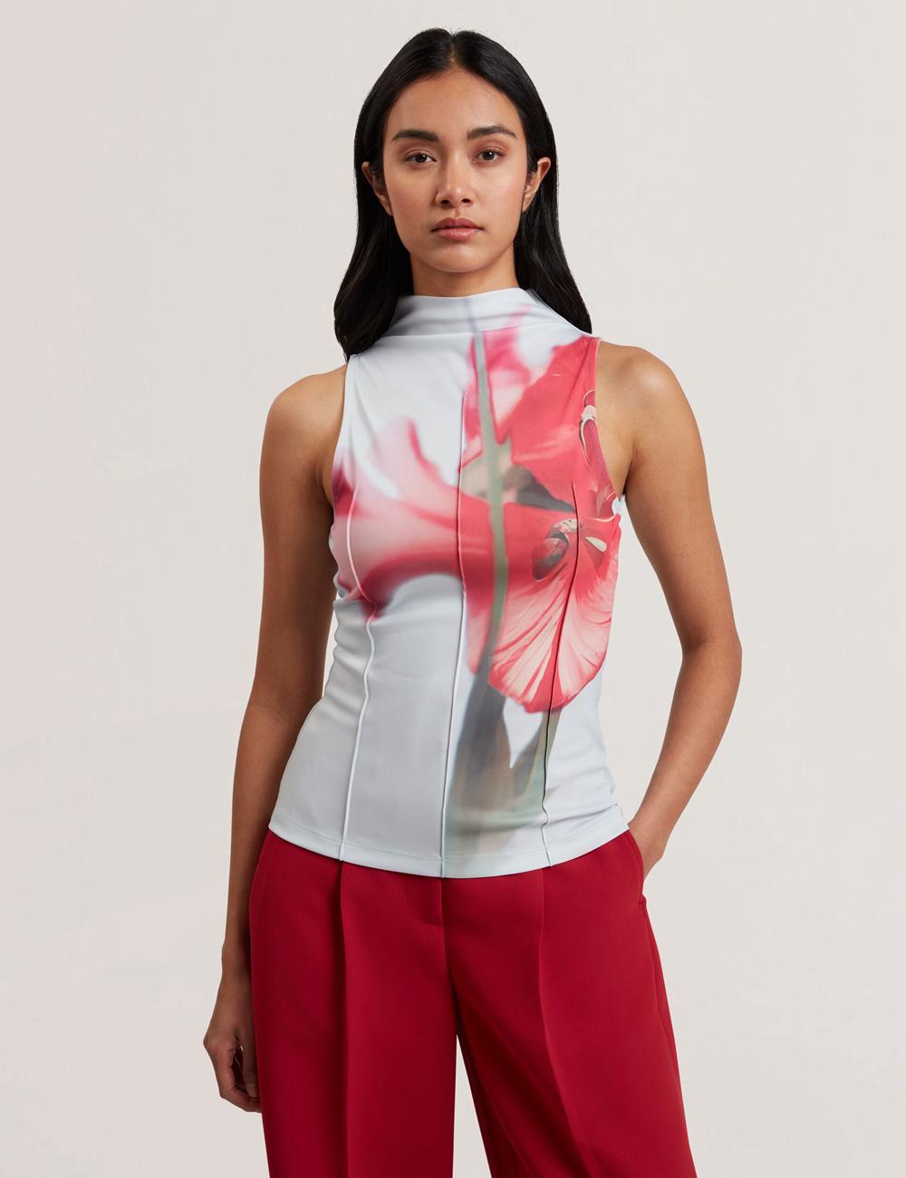 Women Ted Baker HARPLNN - Floral High Neck Jersey Tank Tops Blue | Egypt  BLWFO-8175