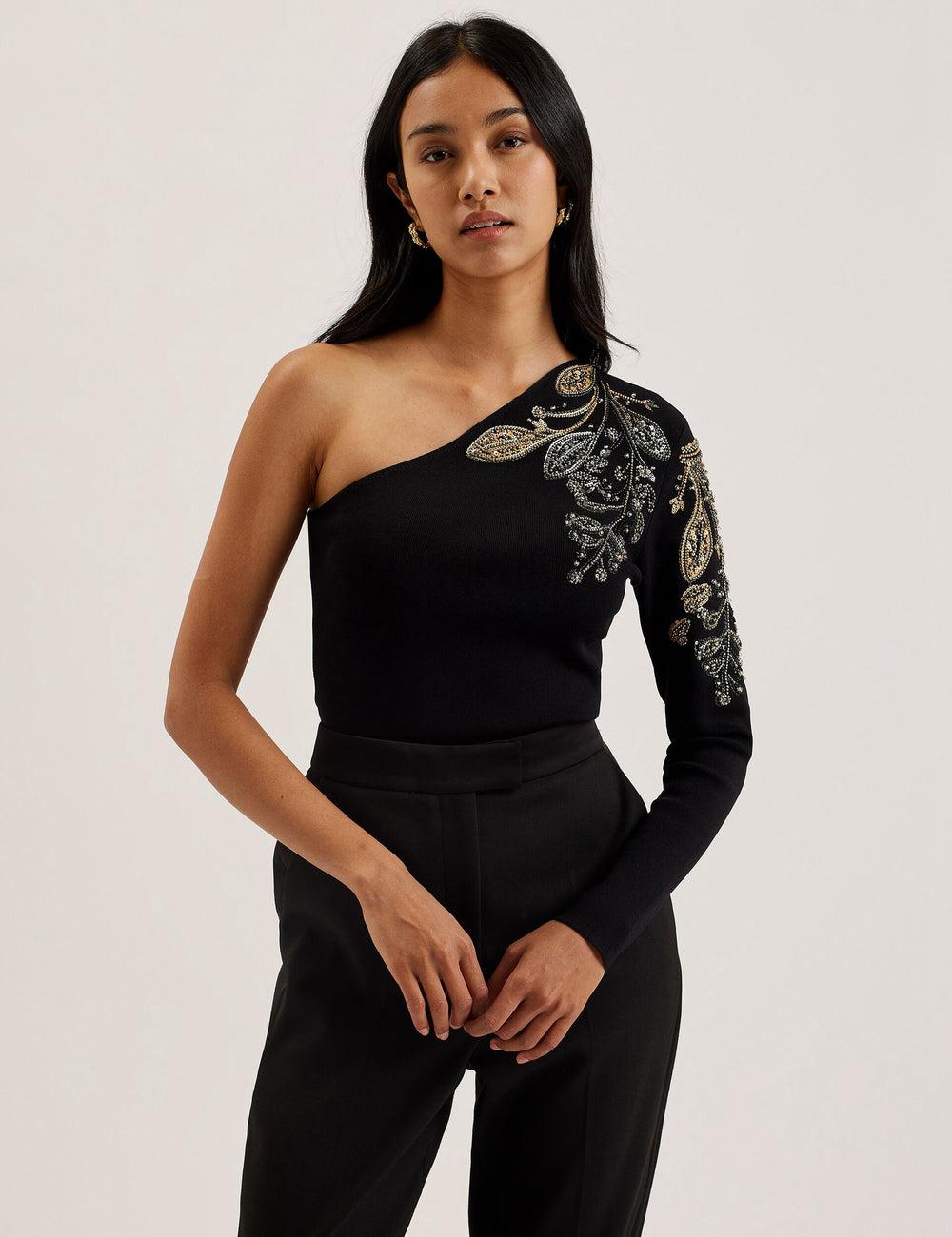 Women Ted Baker HEATHRR - One Shoulder Embellished Detail Tops Black | Egypt  EGTCK-7231
