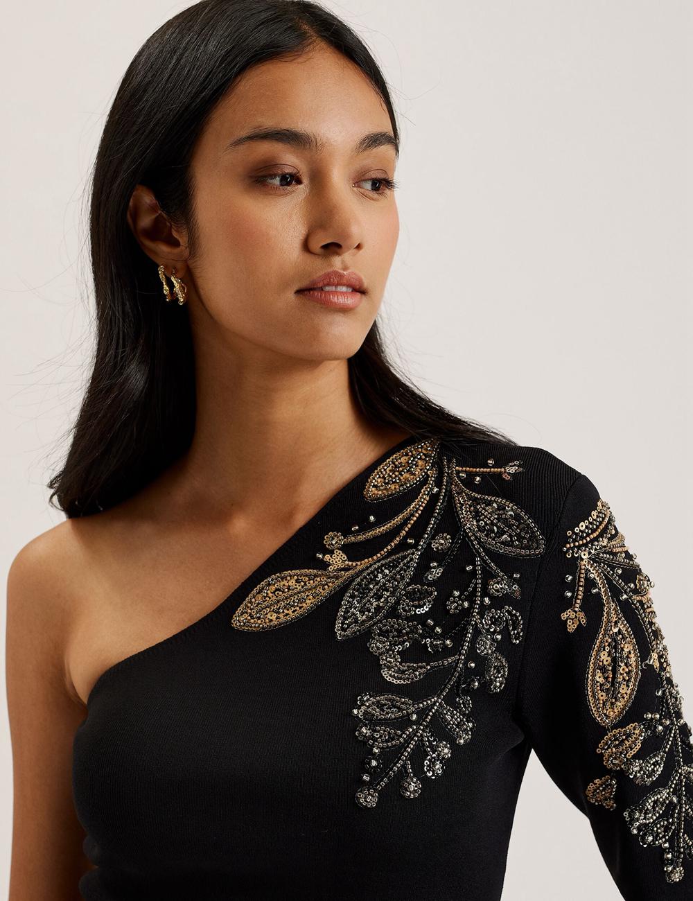 Women Ted Baker HEATHRR - One Shoulder Embellished Detail Tops Black | Egypt  EGTCK-7231