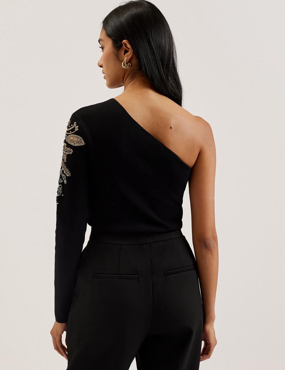 Women Ted Baker HEATHRR - One Shoulder Embellished Detail Tops Black | Egypt  EGTCK-7231