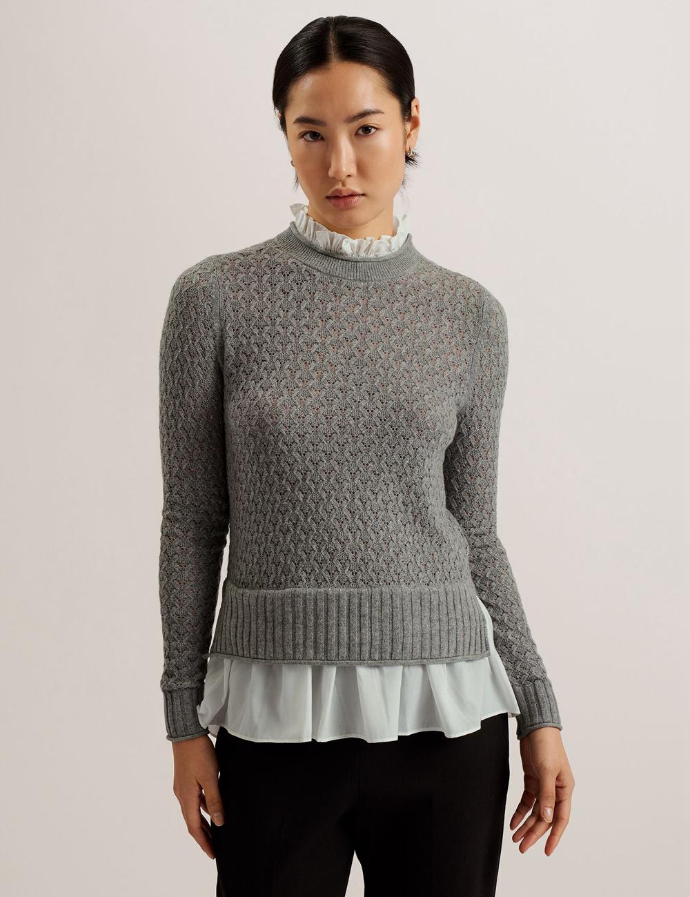 Women Ted Baker HOLINAS - Pointelle Knit With Shirt Hem Jumpers Grey | Egypt  EMBWA-8209