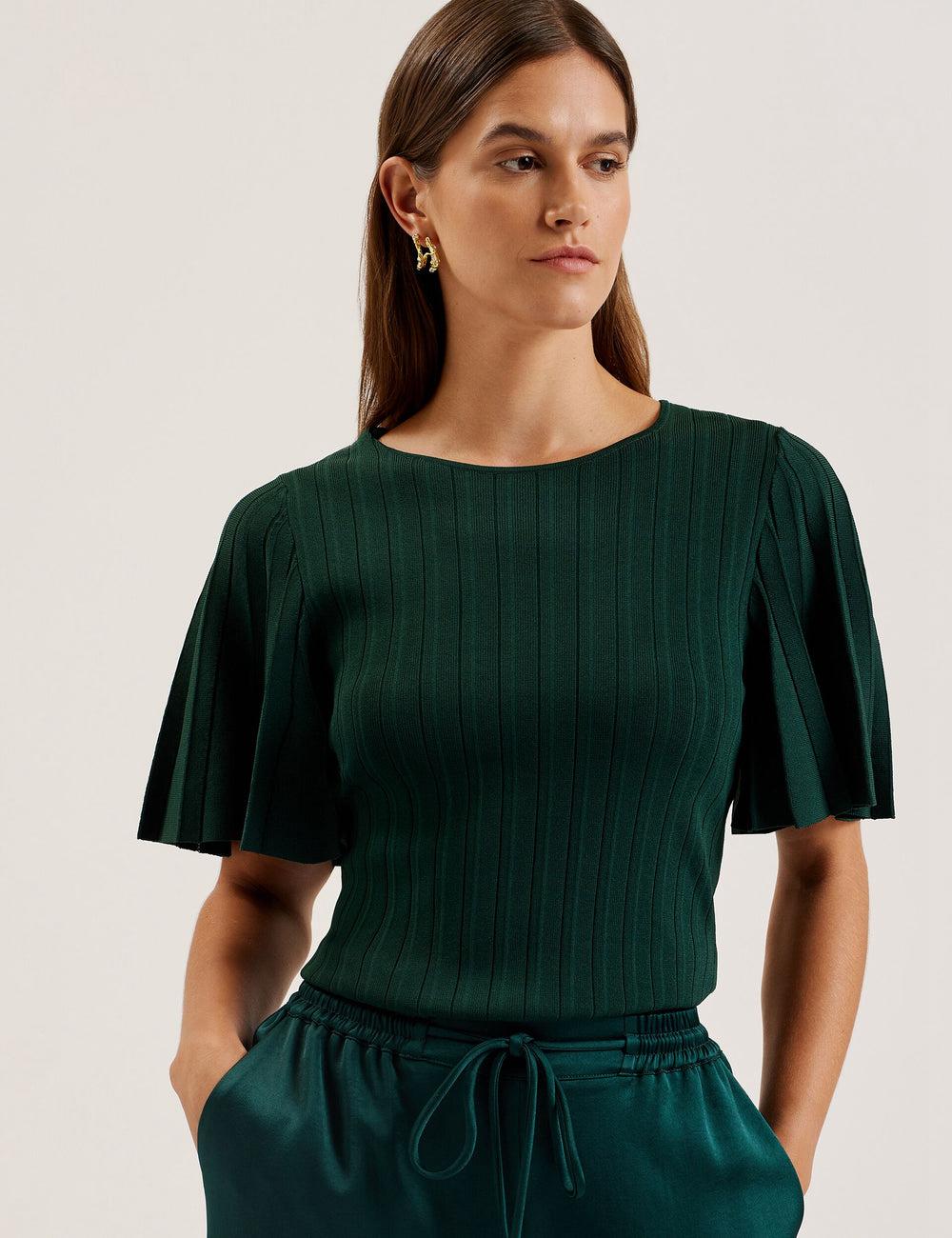 Women Ted Baker IIVANNA - Ribbed Knit Top With Fluted Short Sleeves Jumpers Dk-Green | Egypt  YTOAR-8395