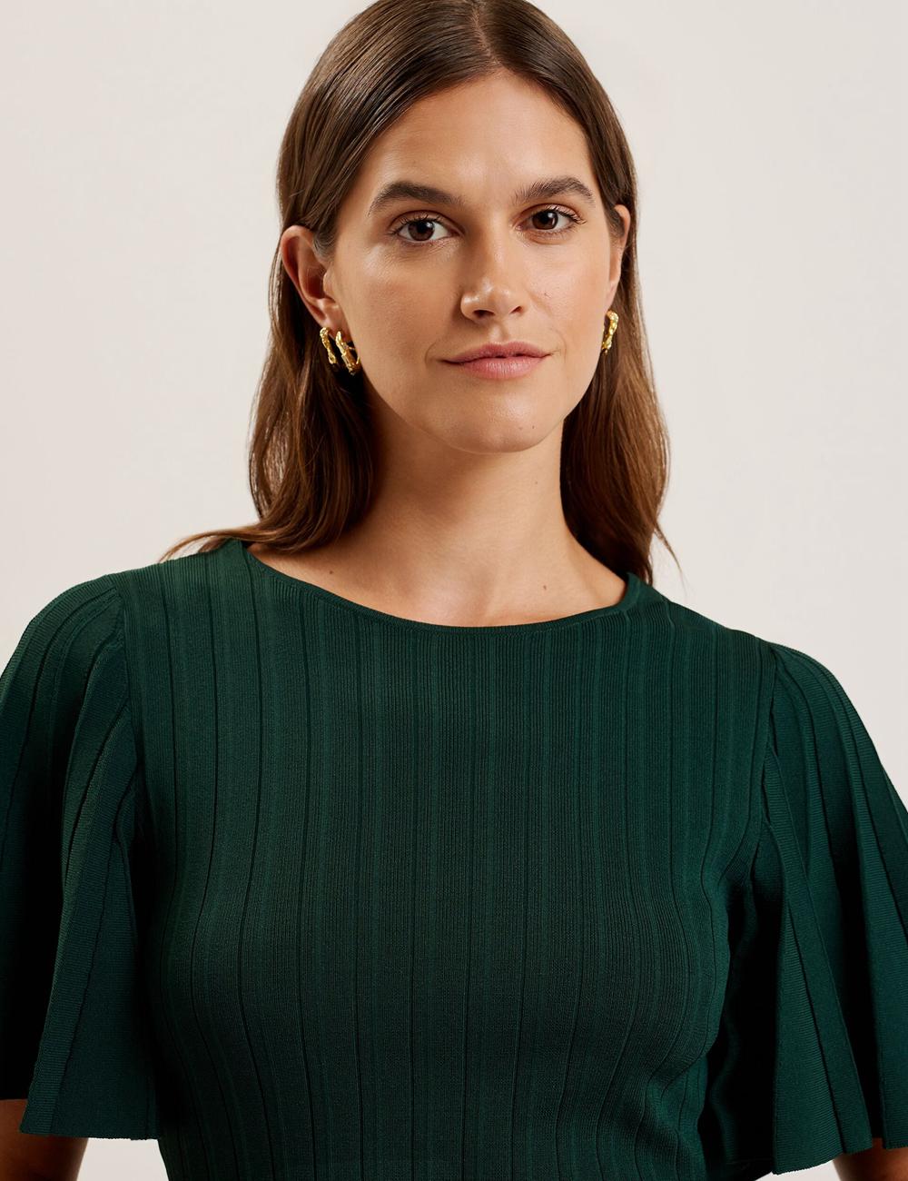 Women Ted Baker IIVANNA - Ribbed Knit Top With Fluted Short Sleeves Jumpers Dk-Green | Egypt  YTOAR-8395
