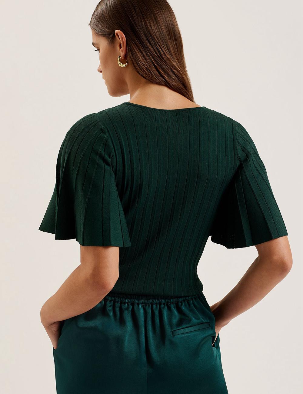 Women Ted Baker IIVANNA - Ribbed Knit Top With Fluted Short Sleeves Jumpers Dk-Green | Egypt  YTOAR-8395