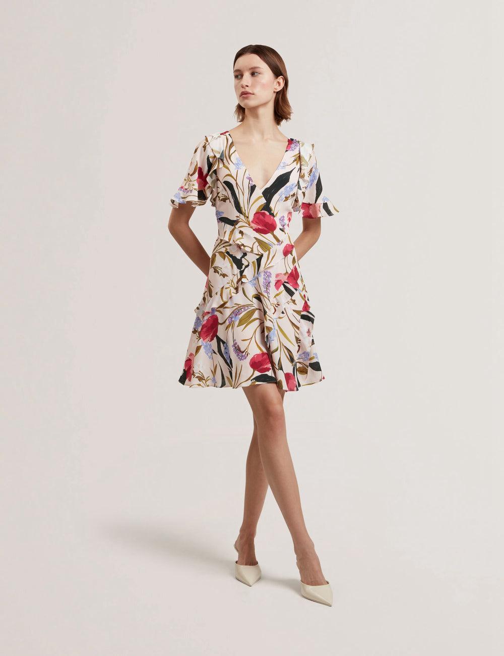 Women Ted Baker ISSIIA - Frill Trim Floral Short Sleeve Mini Dresses Pink | Egypt  WSYXO-6438