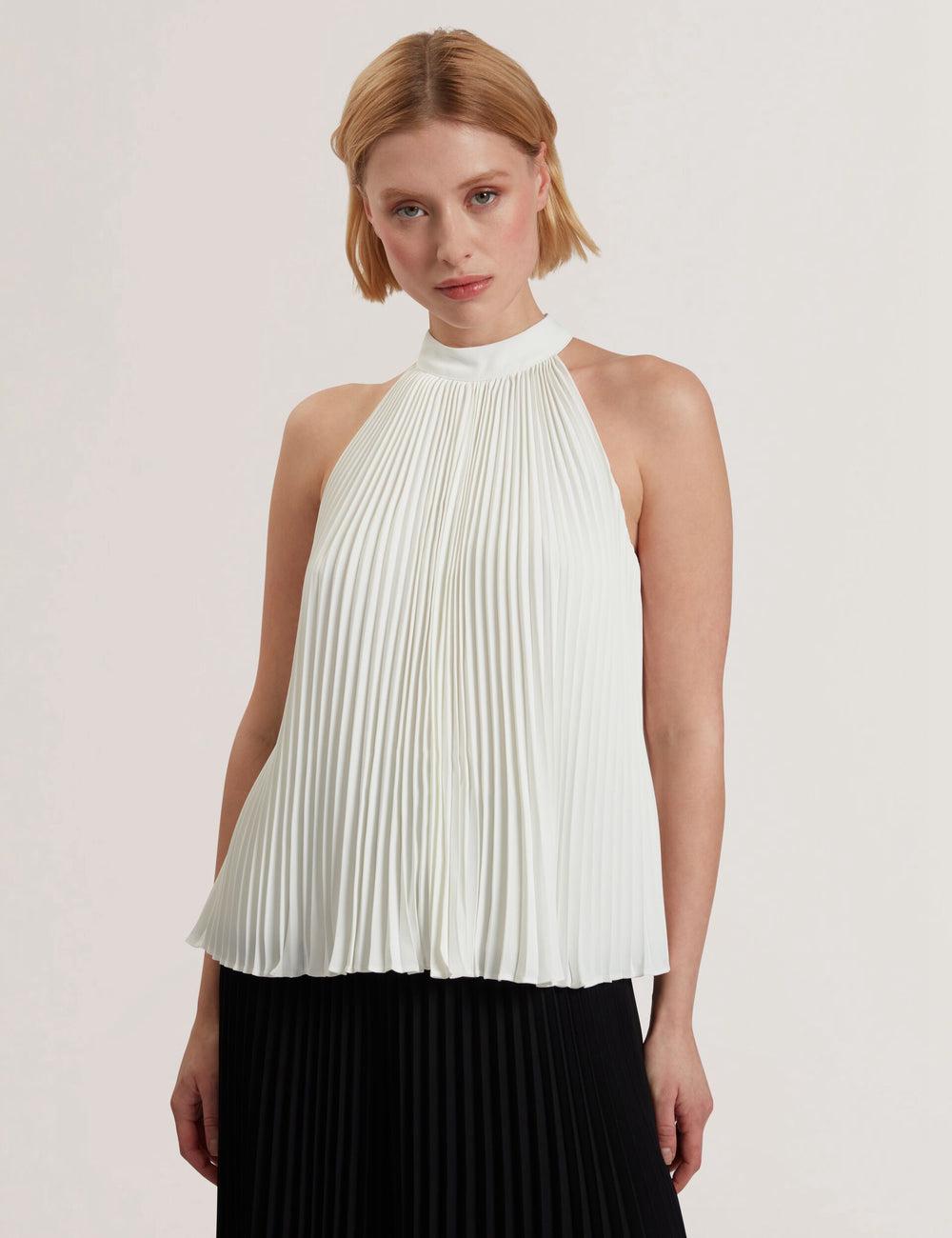 Women Ted Baker JAMAYA - High Halter Neck Pleated Sleeveless Tops Ivory | Egypt  SBNYZ-3874