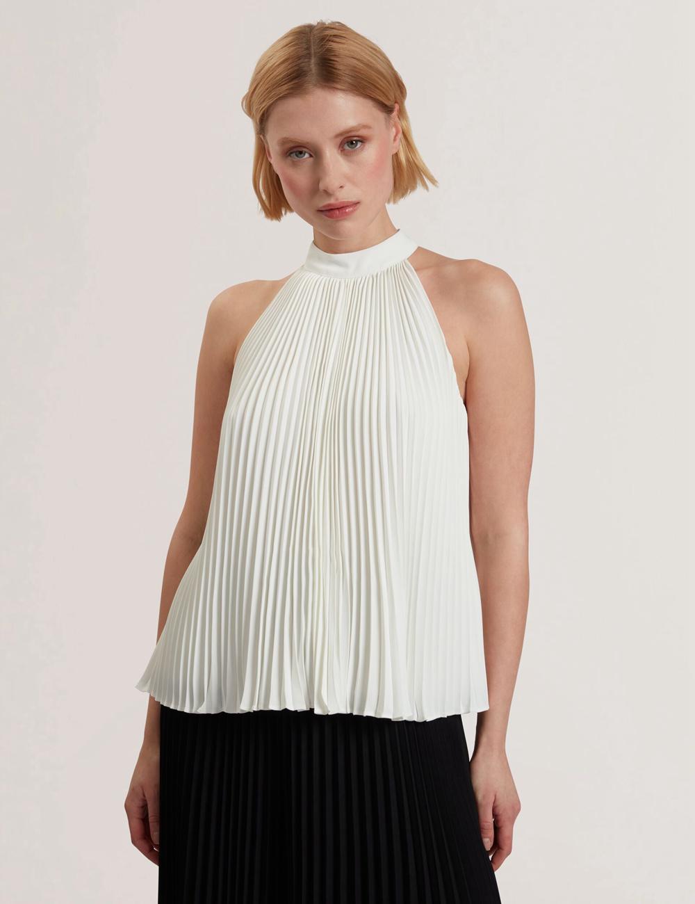 Women Ted Baker JAMAYA - High Halter Neck Pleated Sleeveless Tops Ivory | Egypt  SBNYZ-3874