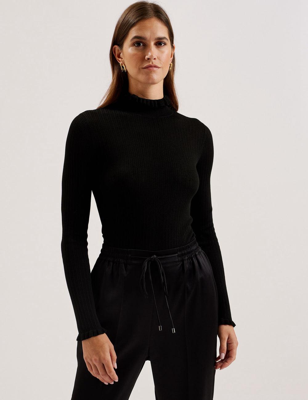 Women Ted Baker JANITTT - Ruffle Trim High Neck Ribbed Jumpers Black | Egypt  WJCTH-7214