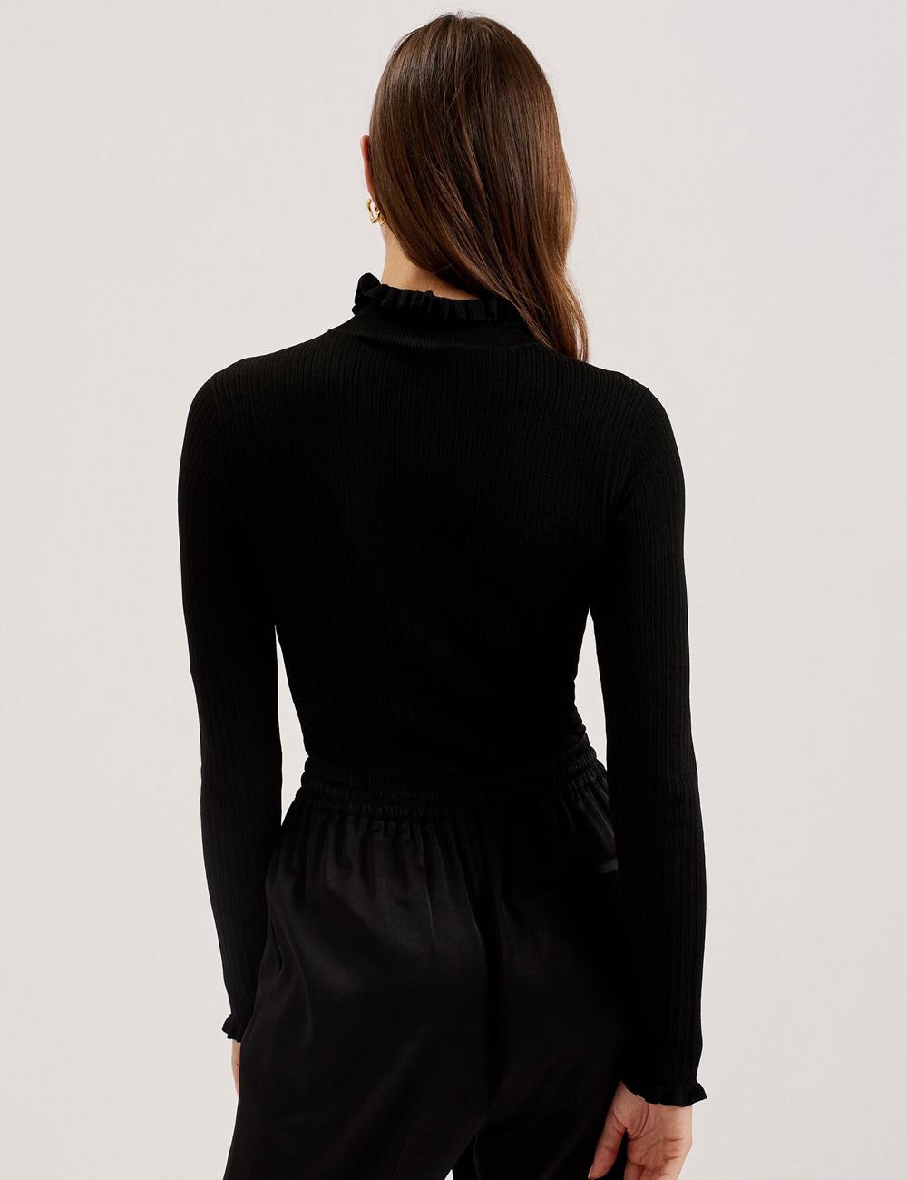 Women Ted Baker JANITTT - Ruffle Trim High Neck Ribbed Jumpers Black | Egypt  WJCTH-7214