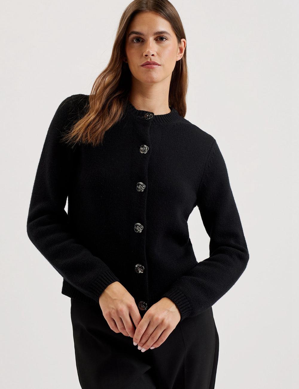 Women Ted Baker JAYCEY - Rose Button Knitted Crew Neck Cardigans Black | Egypt  LZFQC-8314