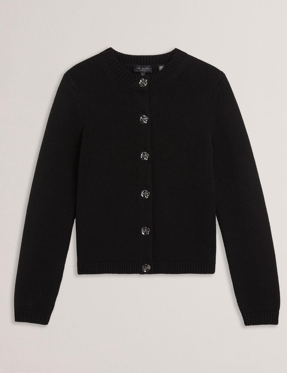 Women Ted Baker JAYCEY - Rose Button Knitted Crew Neck Cardigans Black | Egypt  LZFQC-8314