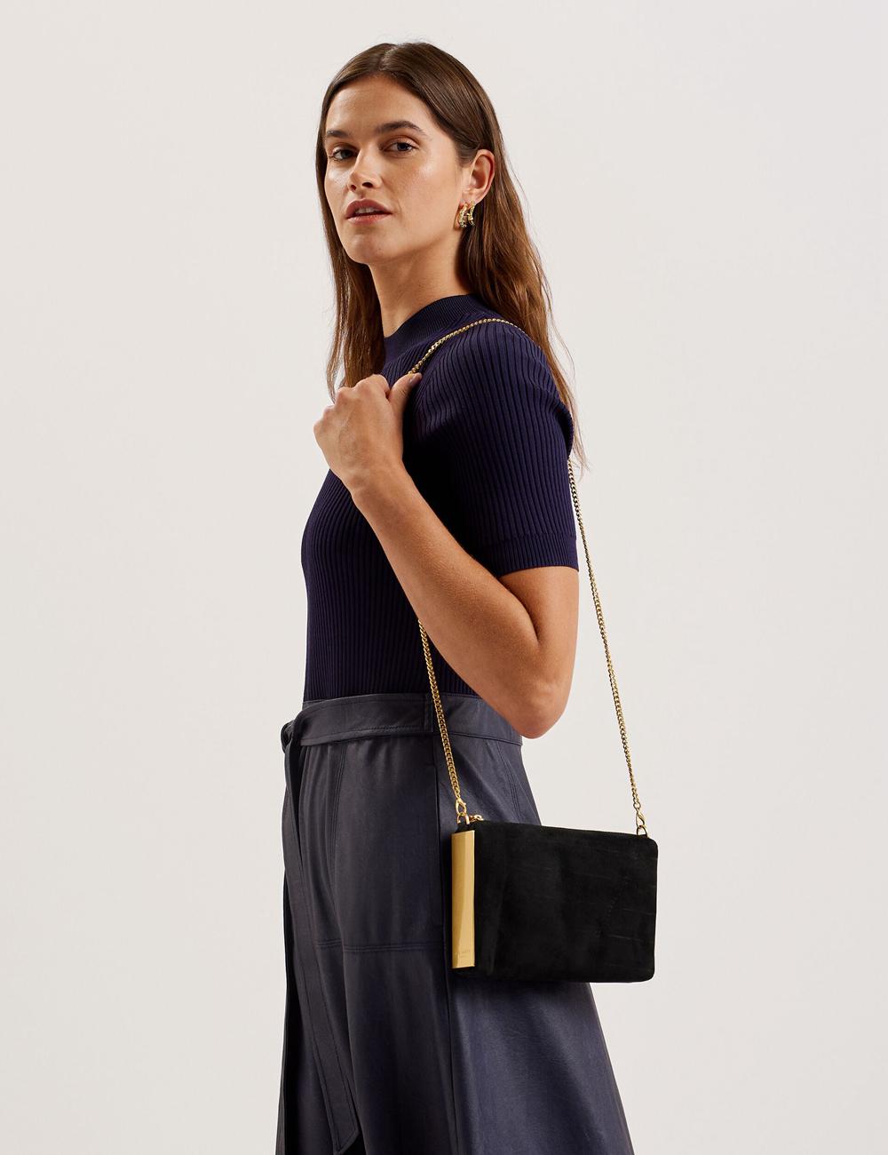 Women Ted Baker JEINER - Suede Clutch With Hardware Sides Clutch Bag Black | Egypt  YRSAU-6715