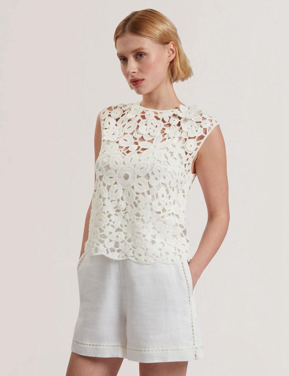 Women Ted Baker JOYYRA - Floral Crochet Knit Sleeveless Tops White | Egypt  EPYGC-3518