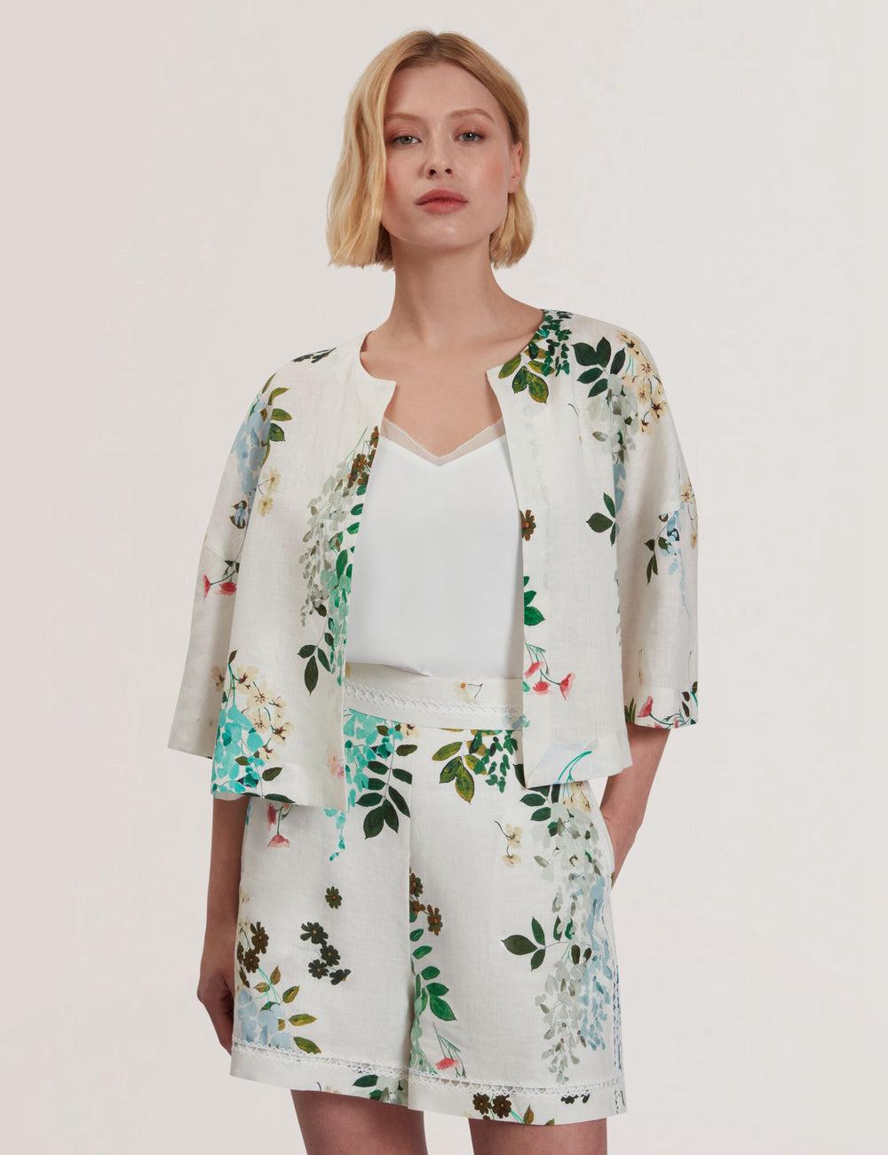 Women Ted Baker KALNA - Printed Linen Short Sleeve Cropped Shirt Tops White | Egypt  RNAID-2396